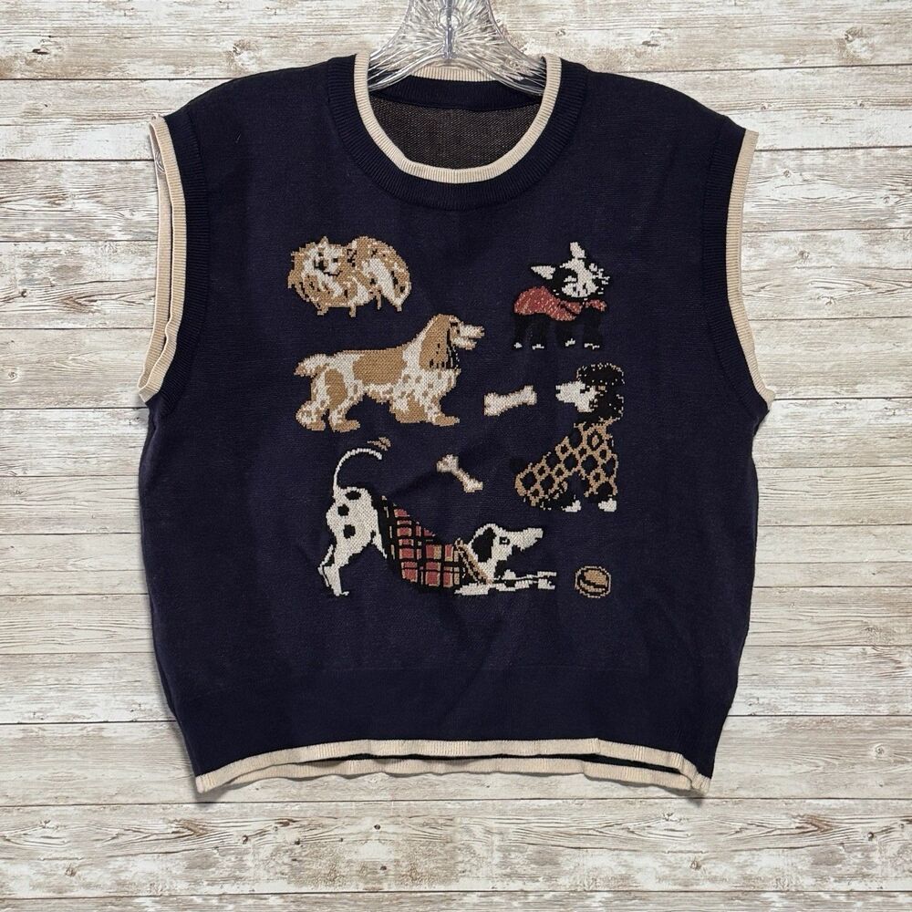 Cider Navy Blue Knit Dog Sweater Vest Graphic Plaid Poodle Dachshund Womens L